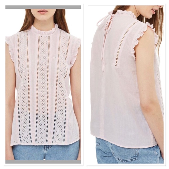 Topshop Tops - Topshop Pink eyelet Broderie striped ruffle top